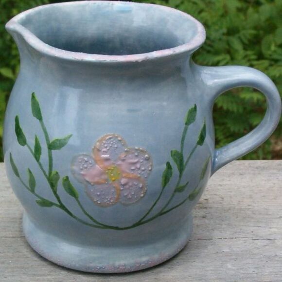Handmade Ceramic  Coffee Creamer  Blue Cottage Core w/ Floral Design - Picture 3 of 3